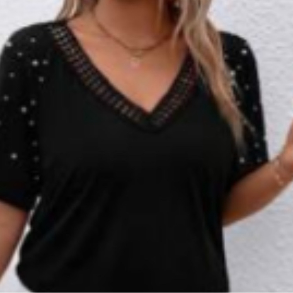 SHEIN Black V-Neck Blouse with Embellished Sleeves